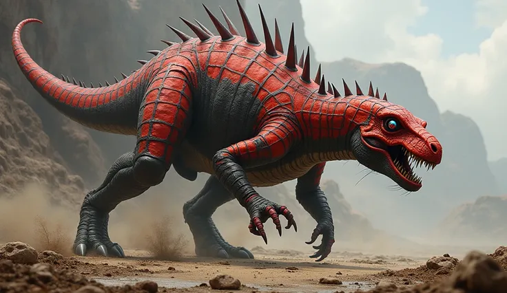 Ankylo-Weaver: A Spider-Man-Ankylosaurus hybrid with a tough, web-patterned shell, spiked tail, and glowing red spider eyes. It patrols a prehistoric battlefield, swinging its tail to trap foes in sticky webs.
