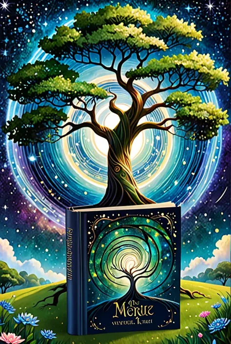 Create a book cover, with an enchanted tree ,  with a spiral in the center ,  Half-cosmic starry background , type of painting,  also evoking a bit of the Oz vibe.