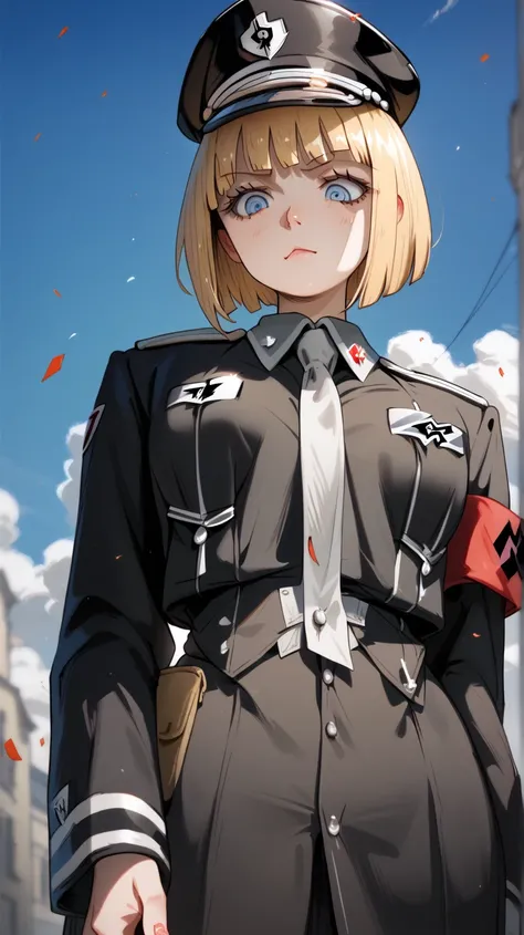 Female german nazi, blonde short hair with blunt bangs, wearing a nazi uniform, and black nazi hat, mean face, nazi armband on her arm, looking down at me, blue eyes, 
