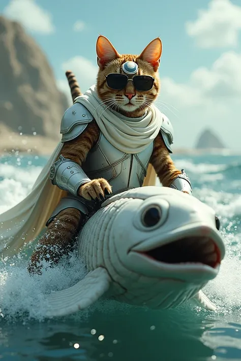 Brown tabby cat、 white helmet with crescent moon badge、White Armor、 white cloak、 sunglasses、sea、Ride the Coelacanths 