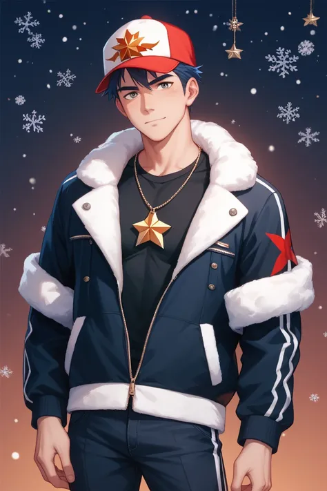 anime-style icons、Handsome man with thin lines、adult、 man in his 20s wearing a cap、 Lassen background 、 Christmas、dolphin background 、 wearing a black down jacket 、