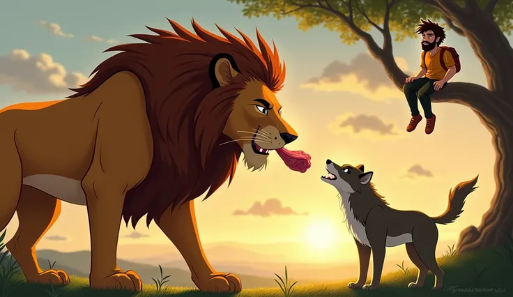 A majestic lion with a piece of meat in its mouth approaches the two-legged wolf. The lion drops the meat, and the wolf begins eating. The man watches from a tree branch, his expression a mix of awe and curiosity.
 Animated picture