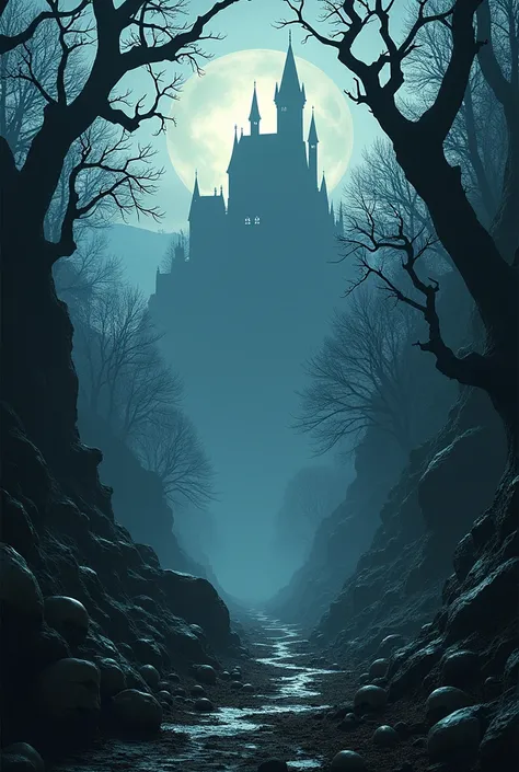 An animated landscape with trees on the left side and darker on the right side with skulls and a black castle 