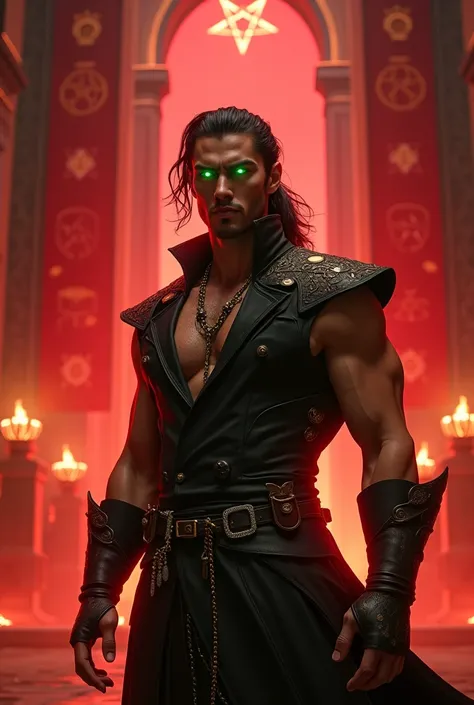 A strikingly handsome Yağız Kuzey young man standing confidently in a grand, ((red eyeball 1.5)), mystical hall illuminated by fiery red and orange lights. He has long, dark hair tied in ponytail, glowing green eyes that exude power, and intricate eldritch...