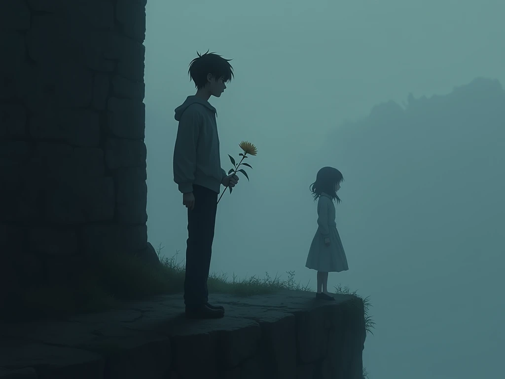 A young man in front of a dark wall looking at a distant girl in the fog Holds a flower with determination but there is a precipice that separates them