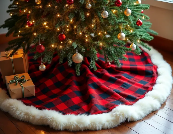 A vintage-inspired Christmas tree skirt made from red tartan plaid fabric with white fur trim. The tree is beautifully adorned with classic ornaments, and a few presents are wrapped in brown paper under the tree.