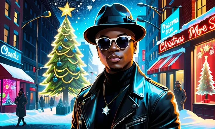 Ne-yos portrait,Black male singer,横顔がcool,wearing sunglasses, christmas tree, Christmas Scenery ,Dark black and white images,soulful,Flashy neon sign,downtown, street 