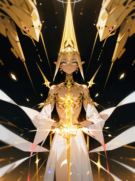 A humanoid alien with shimmering, metallic gold skin and glowing, geometric tattoos that pulse with energy. Its eyes are piercing white, and its body is tall and slender, radiating an aura of ancient power. It wears a regal, ceremonial robe as it floats ab...