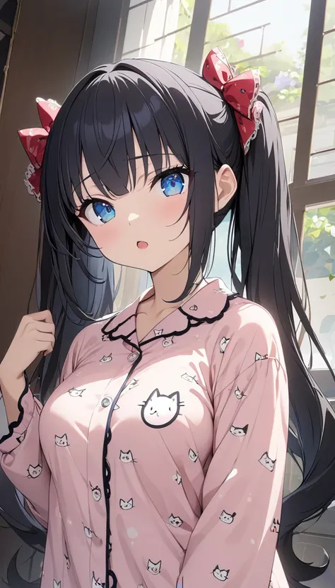 Alone, masterpiece,  top quality ,  very detailed,  detailed description ,  is written by,  anime screenshot、( slim、1 person, cute young woman,  medium breasts, black hair、 twin tail hair 、Long side bangs、Azure Eyes、red large lace hair bow),delicate beauti...