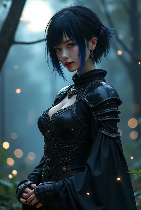 A captivating Japanese girl with short black hair styled with delicate blue highlights, soft red lips, athletic figure with medium bust size, wearing an elaborate black dress combined with armor featuring intricate details, her nails painted deep black. Sh...