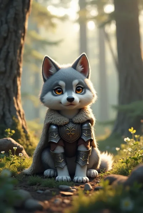  anthropomorphic wolf puppy with Nordic armor in the woods sitting reflective