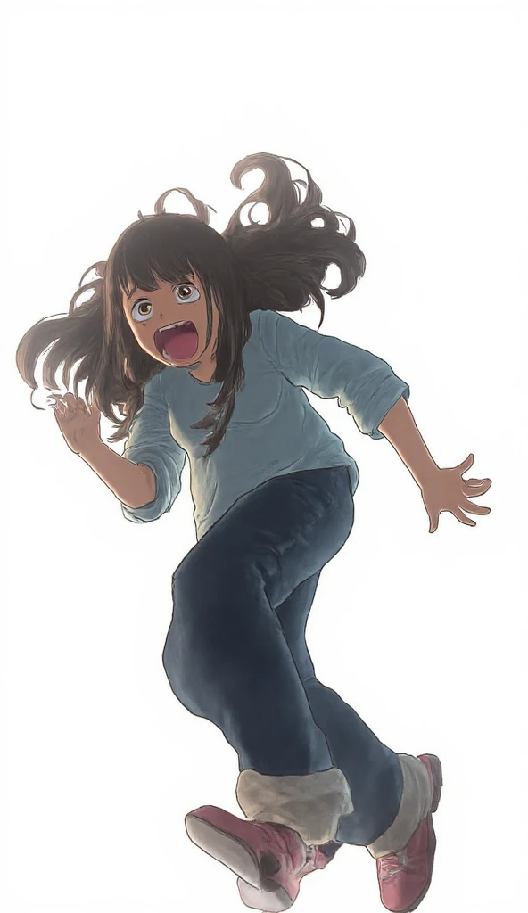 Asian girl run scared while screaming front voiew, blank white background
