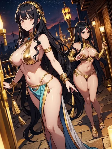 
woman、 World Of Arabian Nights、 black hair、 long wavy hair、 Gold Accessory 、Palace at Night、 Big Breasts 、Curved waist、 brown skin next to a woman、Fully Naked Belly Dancers 