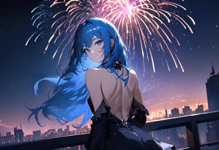 quality, semi-realistic anime, masterpiece, best quality, detailed picture, HD32k, outdoors, rooftop, night, night sky, cityscape, neoncity, 1girl, blue eyes, blue hair, long hair, black suit, bare shoulders, looking at viewers, smile, from back, fireworks...