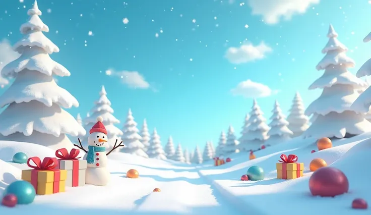 Create a vibrant and cheerful snowy background designed for a s video. The scene should be 3D and visually engaging, featuring:

Snow-covered trees and hills.
A clear blue sky with soft, fluffy clouds.
Snowflakes gently falling.
Fun elements like a snowman...