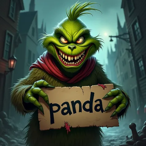 Grinch with a malevolent smile with a sign is called panda