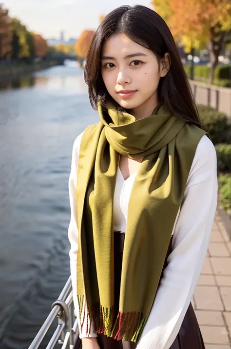 (masterpiece, best quality, perfect anatomy, highres, 8k, realistic, photorealistic, natural skin texture, no makeup:1.2), 1girl, solo, Japanese, age20, female university student, very cute, fashionable, (large breasts:1.2), cleavage, standing by a quiet r...