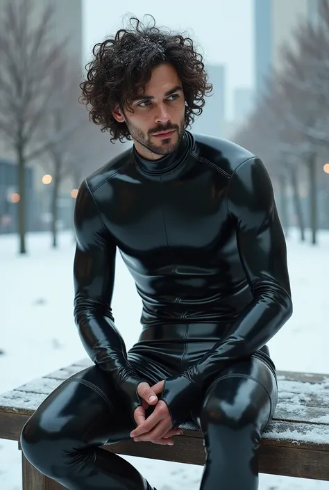 curly-haired guy in latex sits on a bench in winter 