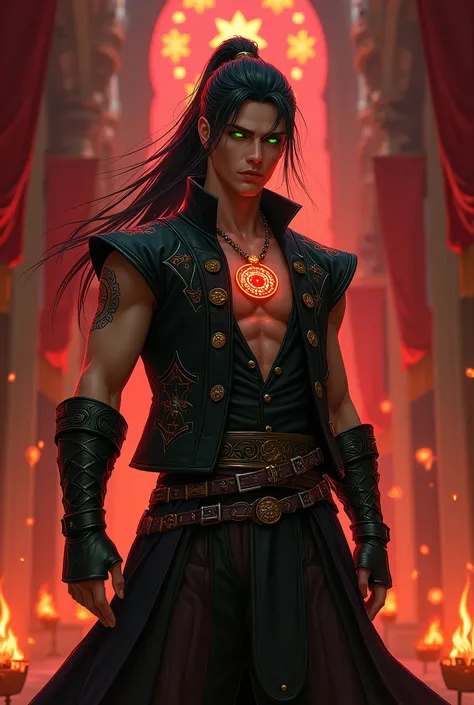 A strikingly handsome ((Yağız Kuzey 1.5))as 25y.o young man with red eyeball standing confidently in a grand, ((red eye-ball 1.5)), mystical hall illuminated by fiery red and orange lights. He has long, dark hair tied in ponytail, glowing green eyes that e...