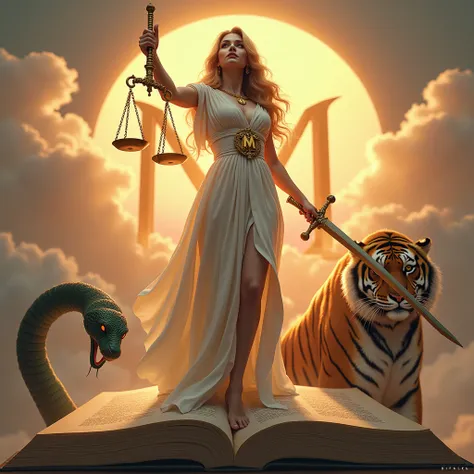  The Goddess Themis of Justice,  with a beautiful and very beautiful face , full body y , and beautiful, and curvaceous , robusta, And with gold-colored hair, and wearing a white dress ,  and showing very thick legs, and sturdy ,  with the other hand and h...