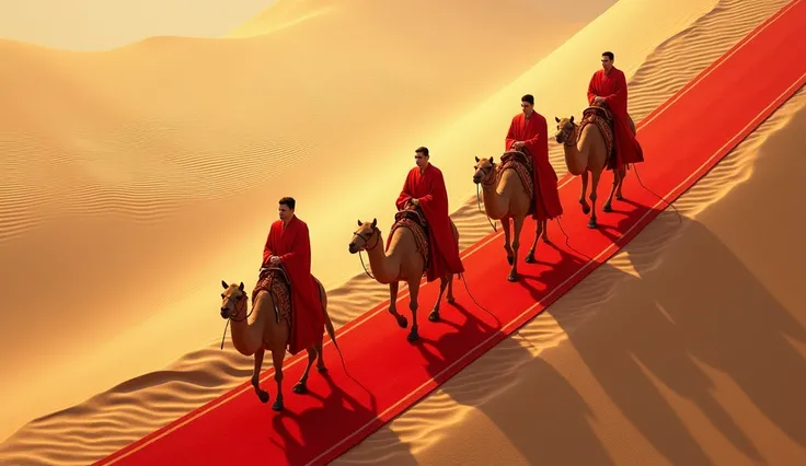 A group of men on camels walking along a red carpet, with a patterned desert background and an aerial view. The artwork is in a fantasy art style, featuring light gold and dark orange tones. The scene incorporates Chinese cultural themes, with a silk fabri...