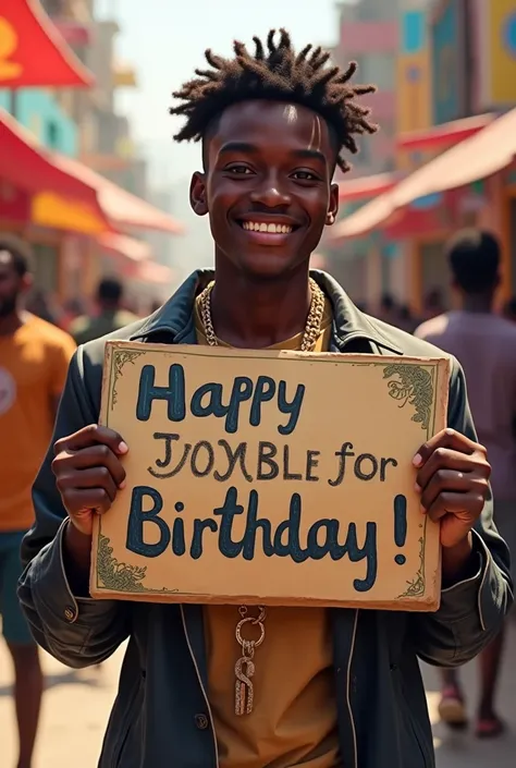 Jeune homme de teint ébène gardant une pancarte sur laquelle est écrite: joyeux anniversaire SOKOU TTHÉOHPILE. 