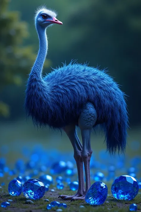 An ostrich and blue sapphires next to him