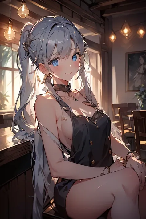 top-quality、Top image quality、​masterpiece、girl with((18year old、Black and red dress、Best Bust、Bust 85、a blond、poneyTail、silverblue Eyes、open chest wide、close to viewer、Happiness、A slight smil、Gold Accessories、a little drunk、holding a glass of wine、sit a c...