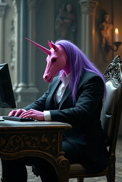 " A muscular man in an elegant black suit and a cylinder is sitting at an old desk in a Gothic castle.  On his face is a cute pink unicorn mask with long purple hair , that frame his face. He looks at a computer monitor with a serious expression ."