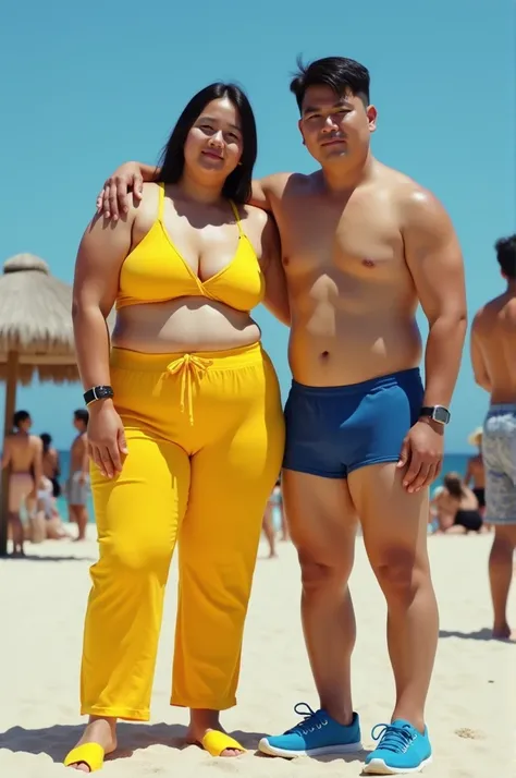 An Indonesian woman is wearing yellow swimming bra, yellow swimming pants, and yellow slippers. The woman has a very tall, huge and muscular figure, with pronounced biceps and six pack. A Korean man is shirtless, wearing boxer pants, and blue sneakers. The...