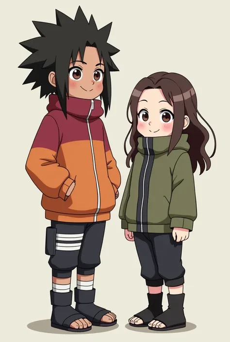 Create two friends ( anime style Naruto ) the first is tall with fluffy cold brown hair , she is a thin and tall with white complexion , the second is small with wavy dark brown hair, She is mixed race and chubby 