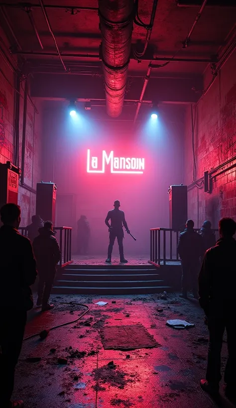 A dark and gritty underground concert venue. The space is dimly lit with flickering neon signs in harsh reds and purples, casting an eerie glow over the scene. The walls are covered in peeling posters of black metal bands, graffiti, and cryptic symbols, wi...