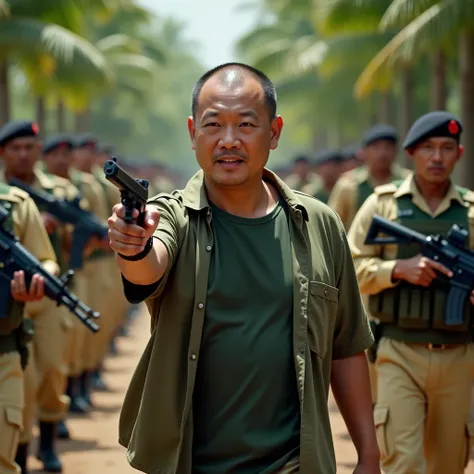 A Chinese man, wearing a dark green T-shirt inside, an unbuttoned shirt outside, short hair, almost bald, walking with a proud look, holding a pistol pointing forward, behind him are many soldiers holding ak47 rifles, pointing at the man, wearing a black b...