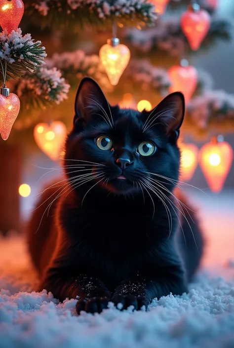 Gros plan de Chat noir radieux, heureux et posé sous sapin etincelant avec moultes boules de noel en forme de coeur translucides de toutes les couleurs vives, atmosphere feerique enneigee la nuit