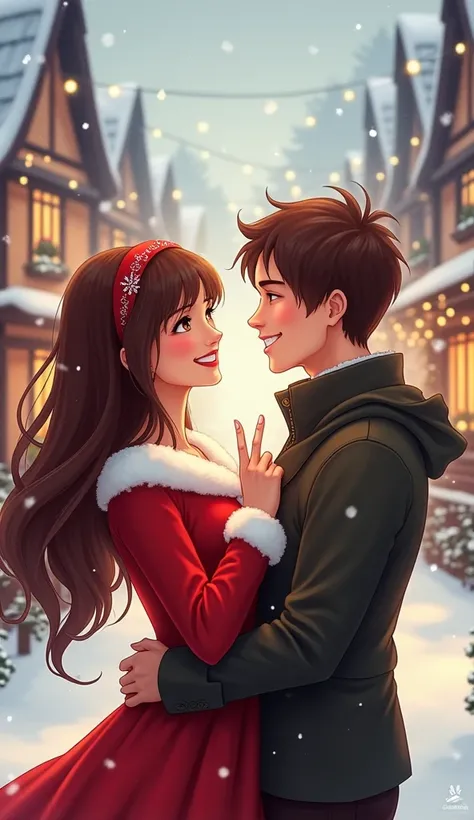 The background is a snowy Christmas street with brown hair and a very pretty girlfriend wearing a Santa dress, smiling and wearing a red headband with her hands in a V