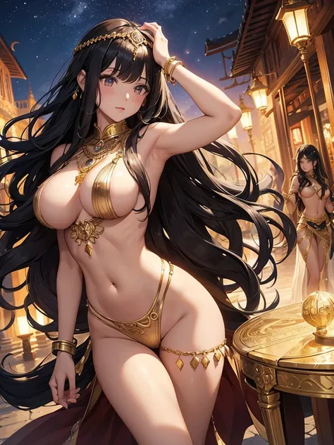 woman、 World Of Arabian Nights、 black hair、 long wavy hair、 Gold Accessory 、Palace at Night、 Big Breasts 、Curved waist、 brown skin next to a woman、Fully Naked Belly Dancers 