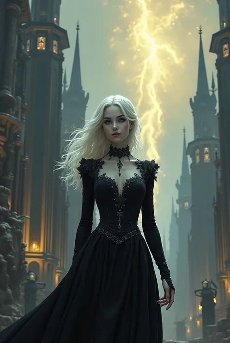  Make a Marvel comic featuring a young albino woman, pale skin ,  white hair and hazy light blue eyes ,  wearing a black Victorian-era dress ,  alongside Loki as they walk through Asgard 