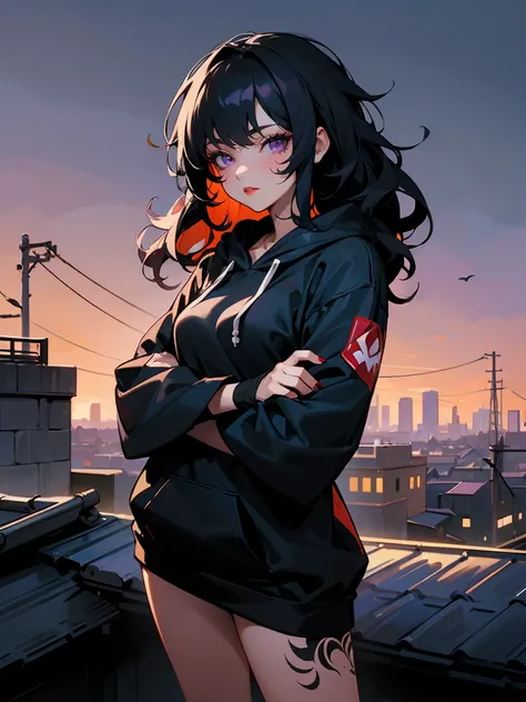 1female , Messy Wavy Black Hair , Purple Eyes , Red Lipstick, Calm Expression , Detailed Background ,Full Arm-Sleeve Tattoos, Standing on rooftop, Night time , Ninja Clothing , Black One Sleeve fitted Hoodie , Black Mask