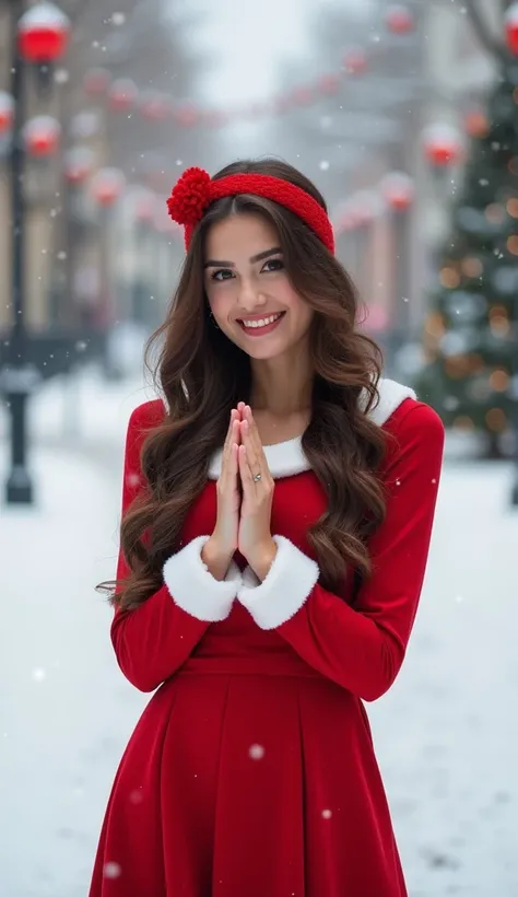 As shown in the actual picture, the background is a snowy Christmas street, and a very pretty girlfriend with brown hair and a very pretty body is wearing a Santa dress alone, smiling and wearing a red headband with her hands on a V