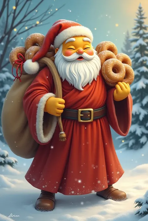 Picatchu as Santa Claus, holding a large gift bag filled with numerous donuts. The monk radiates tranquility and strength, symbolizing spiritual wisdom and material abundance. The bag is overflowing with donuts representing prosperity and generosity. The b...