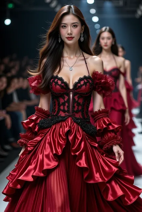 L1, Elegant woman, Fashionista, An Award-Winning Masterpiece for Vogue Fashion magazine, Award-Winning Masterpiece, A statuesque model strides confidently down the Milan Fashion Week runway. Her ensemble, a breathtaking ode to the Schwarzwälder Kirschtorte...