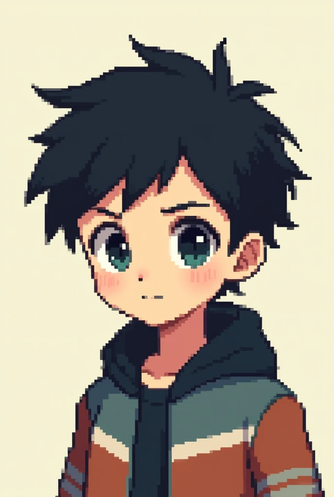 simple pixel art of a boy&#39;s head with black hair, and black eyes, with a pokemon jacket