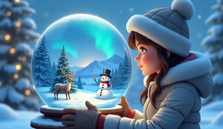 Close-up snow of a crystal ball with a snowman in sight , Aurora and snowy mountains  ,  reindeer Christmas tree   ,  Alva Aisha Ronaldas  ,    Very Beautiful Girl Looks at Her Hand 、 Looking Inside a Crystal Ball   ,    Wearing a Hooded Hat 、Warm Leather ...