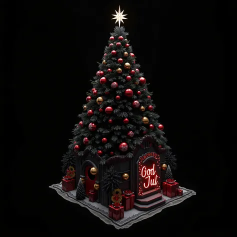 A 3D render of a large black goth Christmas tree with a dazzling mix of red and gold ornaments and a sparkling star at the top. The tree is adorned with smaller trees and festive decorations, including garlands, wreaths, and twinkling lights. The room has ...