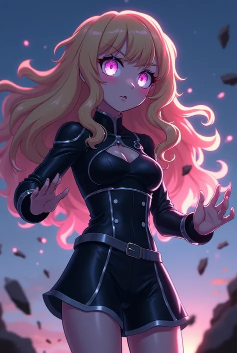  Screenshot of My hero Academia , female, annoyed, torn eyes pastel pink ,  curly hair ,  long hair, bee, blonde hair shining pink rays in a short black suit with silver details, shining rays of water from my hands , with pieces of land floating behind on ...