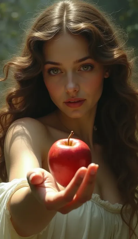 Close-up of Eve, intrigued, reaching for the fruit