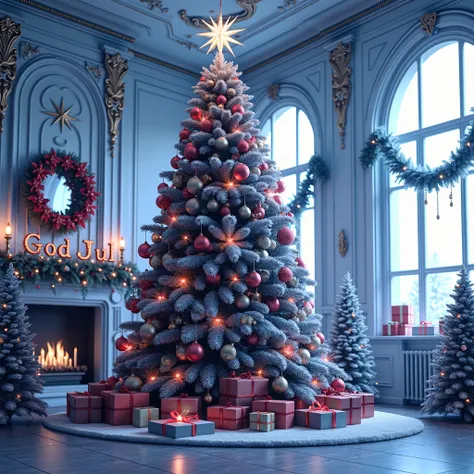 A 3D render of a large black goth Christmas tree with a dazzling mix of red and gold ornaments and a sparkling star at the top. The tree is adorned with smaller trees and festive decorations, including garlands, wreaths, and twinkling lights. The room has ...