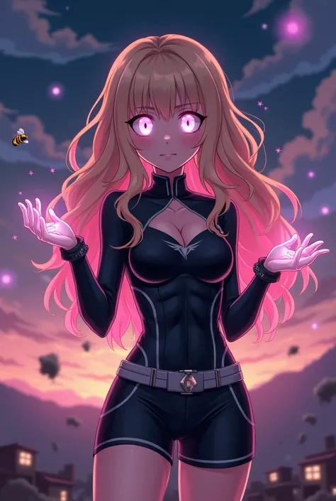  Screenshot of My hero Academia , female, annoyed, torn eyes opaque pastel pink ,  curly hair ,  long hair, bee,  blond hair shining pink rays in a short black suit with silver details, shining rays of water from my hands , with pieces of land floating beh...