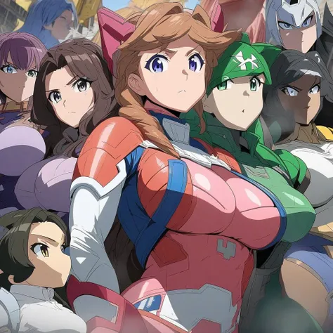 Anime, high detailed, Super hero series, Multiple girls, super heroines, super heroiness bodysuit, girls surrounding, curvy body 