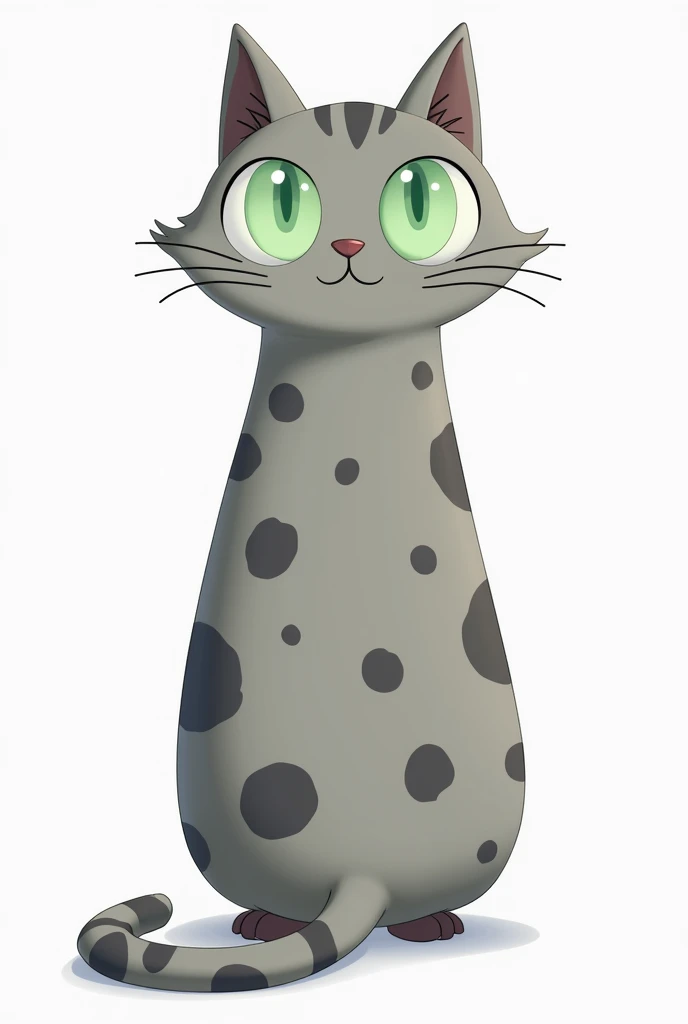  It creates an image of a character that is a cat with light green eyes   .  Its fur is gray and with dark gray spots all over its body ,  the spots are irregular but resemble ovals . It has an elongated body on a white background  